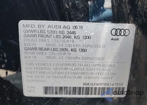 2015 Audi Q5 2.0T Premium из США, поврежденный, VIN WA1LFAFP1FA141310